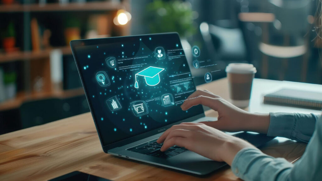 Persona escribiendo en computador portátil el cual muestra un virrete y algunos ícono de forma holográfica.