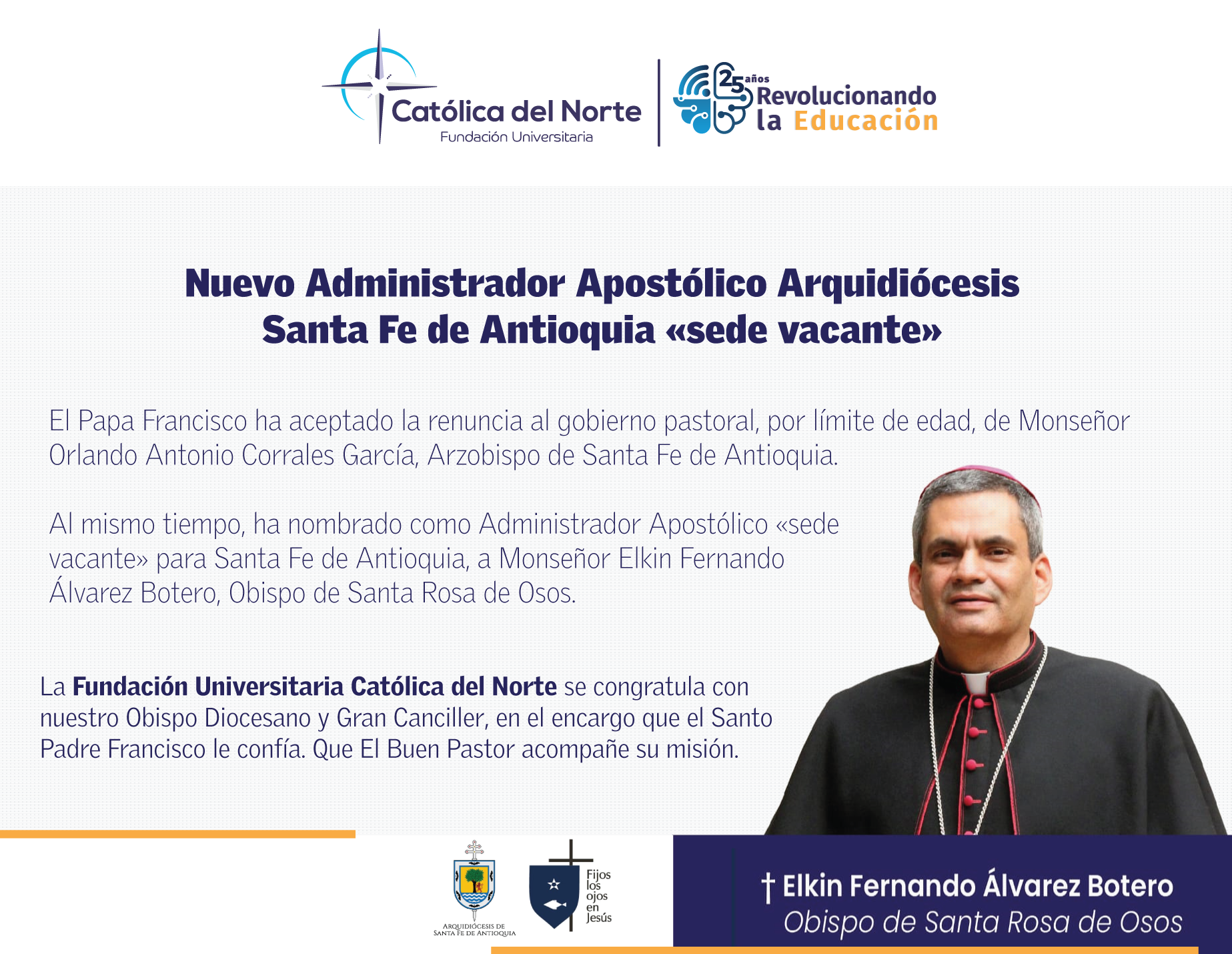 Tarjeta nombramiento de Monseñor Elkin Fernando Álvarez como nuevo Administrador apostólico