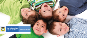 Niños en el suelo formando un círculo. Logo del Ministerio de Educación