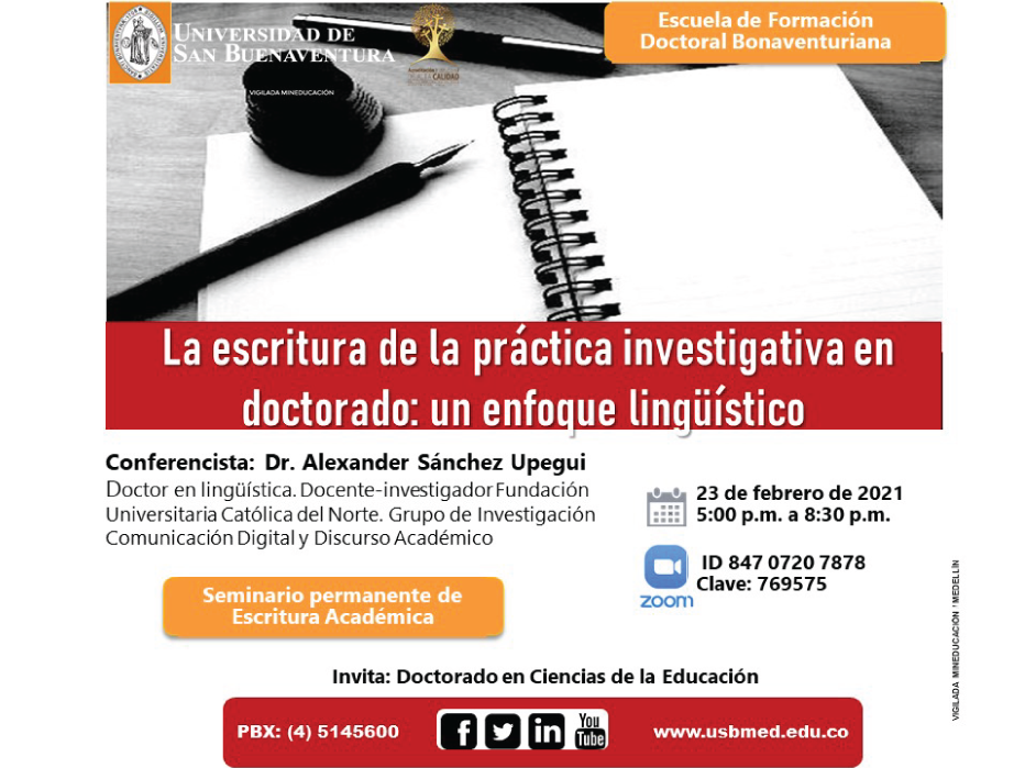Invitación a a conferencia sobre escritura de la práctica lingüísitica en doctorando.