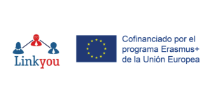 Personas en azul unidas, a través de dos líneas, con una persona en rojo. Bandera de la Unión Europea: fondo azul y círculo.