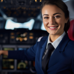 Mujer asistente de viaje en una cabina de avión.