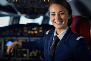 Mujer asistente de viaje en una cabina de avión.