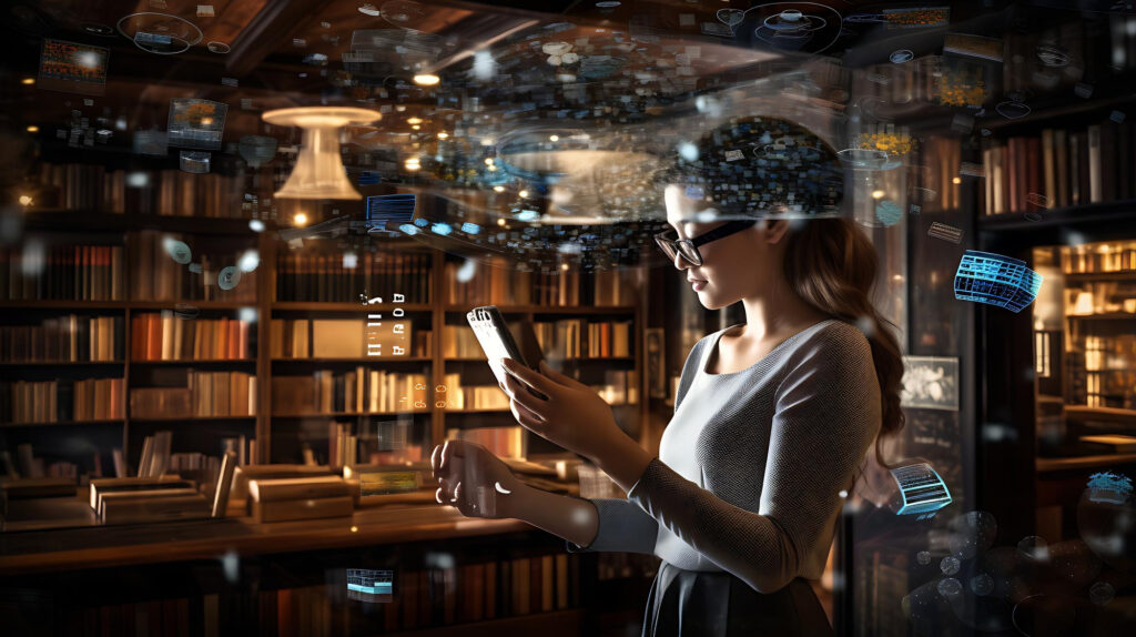 Futuristic Ai Technology Data Analysis Cyber Security Digital Protection Mujer sosteniendo un dispositivo móvil en una biblioteca