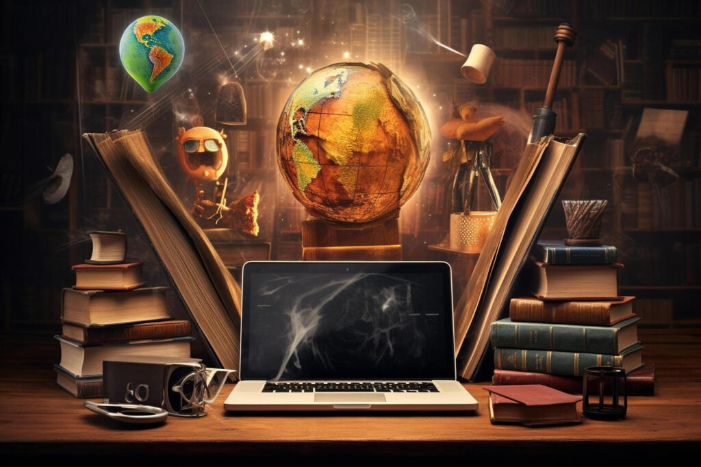 Laptop With Globe Screen Globe Table Biblioteca virtual
