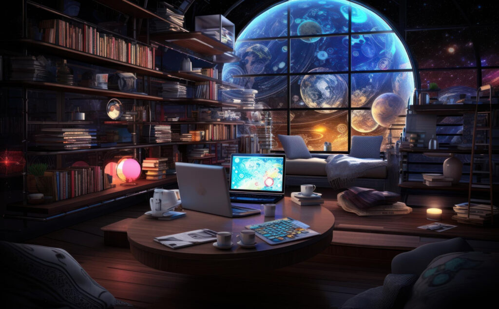 Imagen de una biblioteca con un ventanal hacia el universo