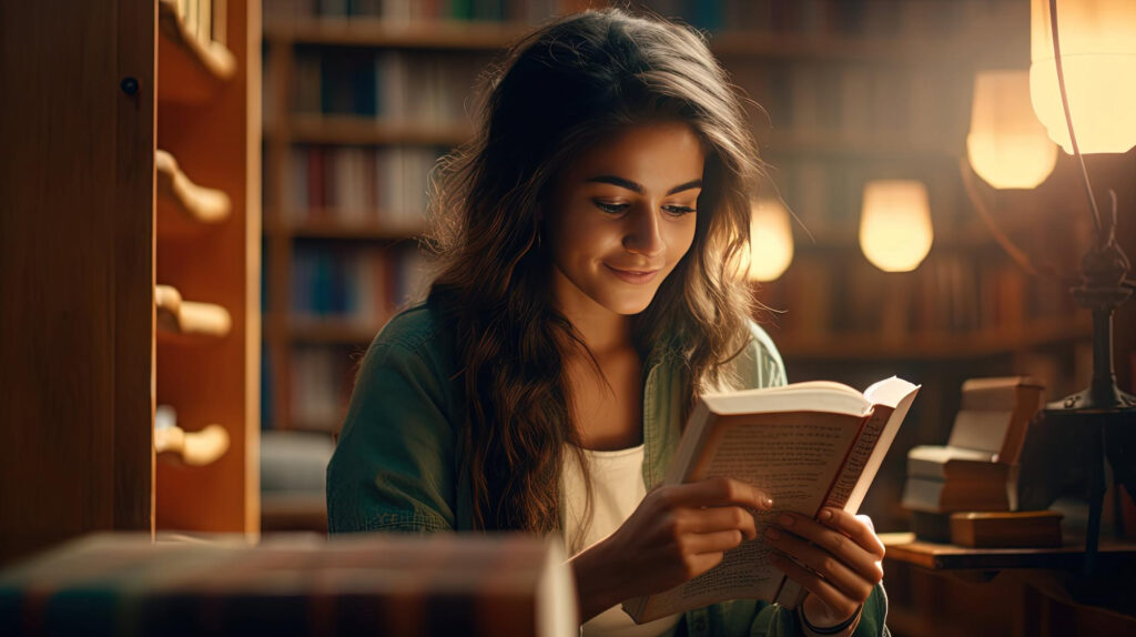 Mujer leyendo en una biblioteca