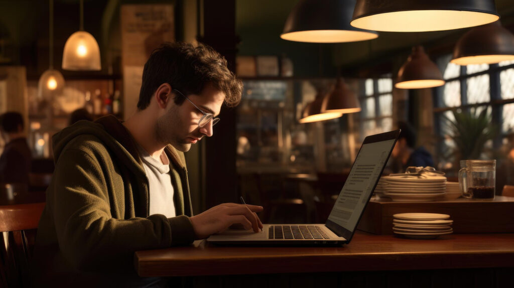 Hombre trabajando desde un computador portátil en una biblioteca