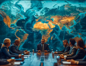 Líderes mundiales alrededor de una mesa.