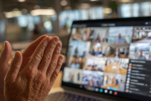 Mujer orando en frente de un computador portátil.