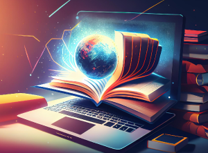 Open book with a world inside it coming out of a laptop screen.