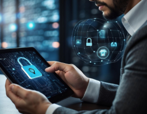 Hombre en entorno digital visible desde una tableta.
