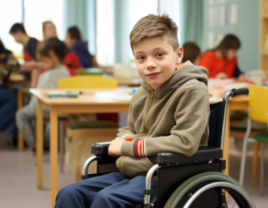 Niño en silla de ruedas en medio de un aula de clases.