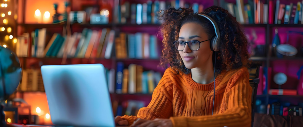 Mujer con diademas sentada frente a un computador portátil.