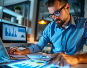 Economista analizando gráficos estadísticos