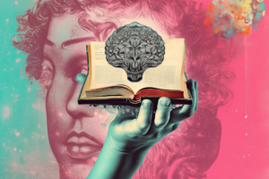 Ilustración digital de mano que sostiene un libro y de este emerge un cerebro.