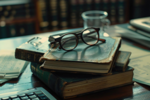 Tres libros arrumados y unas gafas en la parte superior.