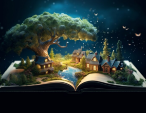 Paisaje de fantasía sobre las páginas de un libro abierto.