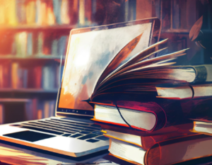 Libros al lado de un equipo portátil al interior de una biblioteca