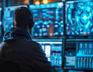 Hombre en entorno informático rodeado de monitores de computador.