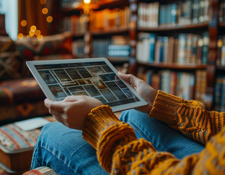 Persona sosteniendo una tableta en medio de una biblioteca.
