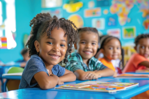 Niños, en ambiente educativo, sonríen a la cámara.