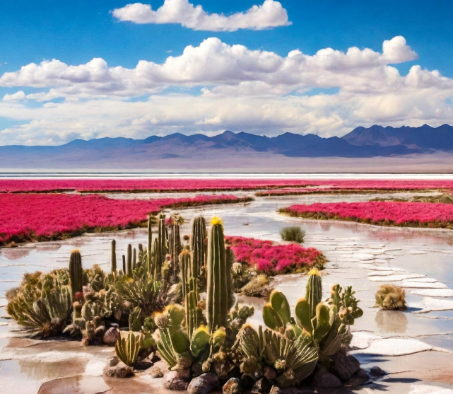 Paisaje de salar boliviano con montañas de fondo y cactus en el primer plano