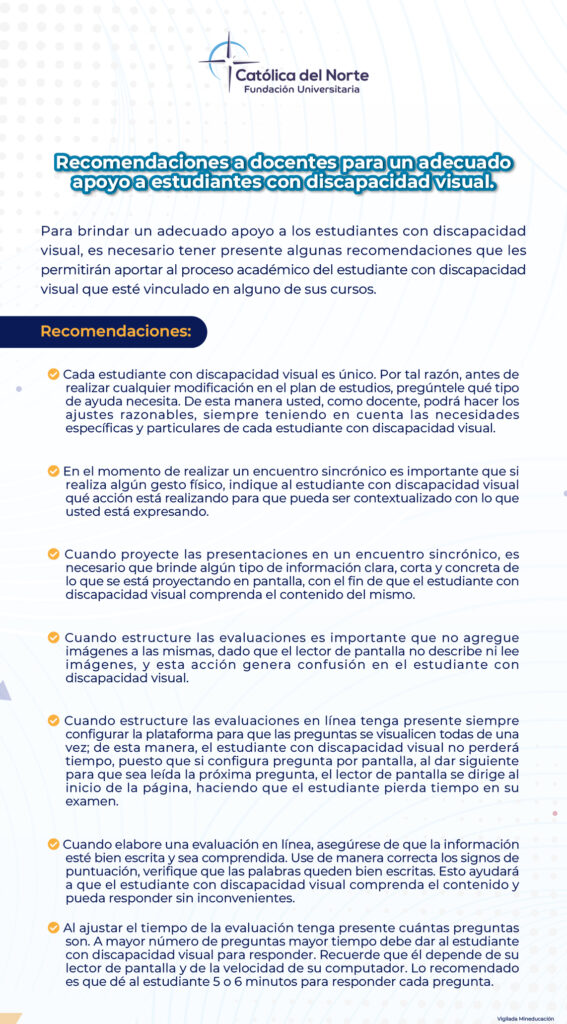 Imagen con recomendaciones a docentes para una adecuado apoyo a personas con discapacidad visual