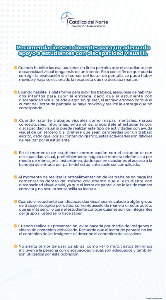 Imagen con recomendaciones a docentes para una adecuado apoyo a personas con discapacidad visual