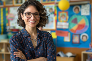 Profesora docente de educación básica sonriente en un aula de clases.