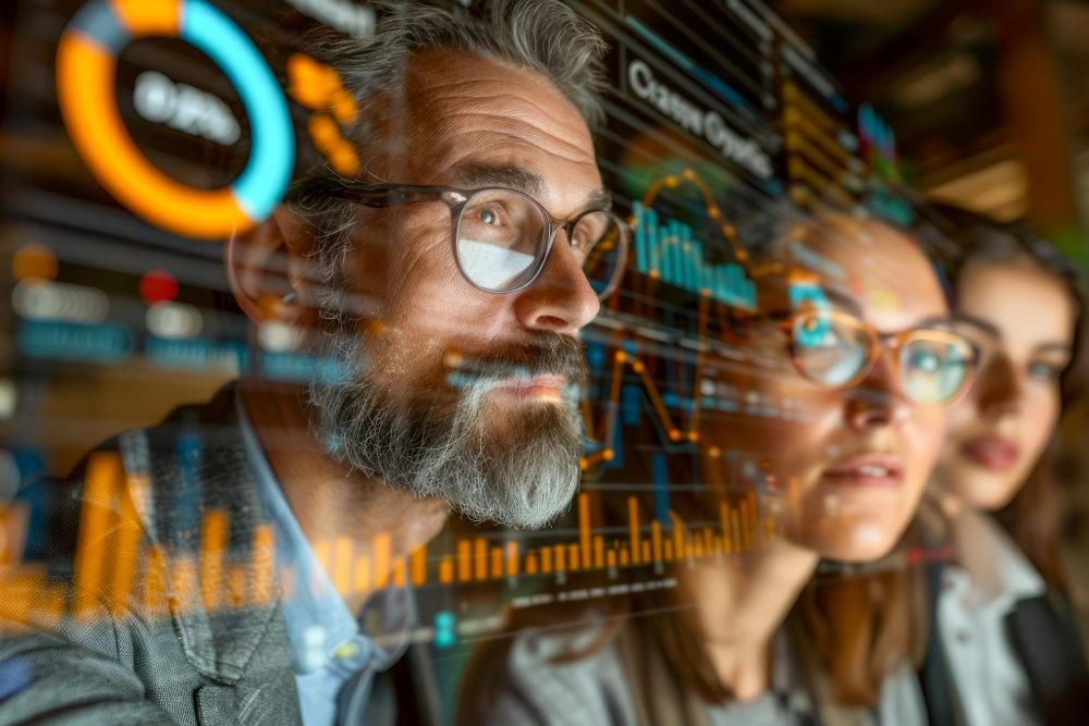 Personas al frente de una pantalla digital que proyecta gráficos estadísticos.