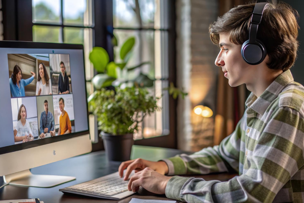 Joven con audífonos en un entorno virtual de aprendizaje.