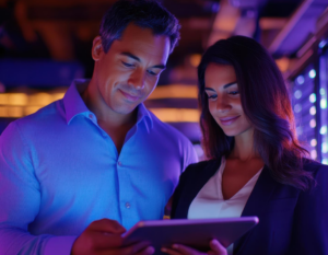 Un hombre y una mujer que miran una tableta se encuentran en una granja de servidores.