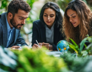 Tres personas revisando proyectos en un entorno natural.