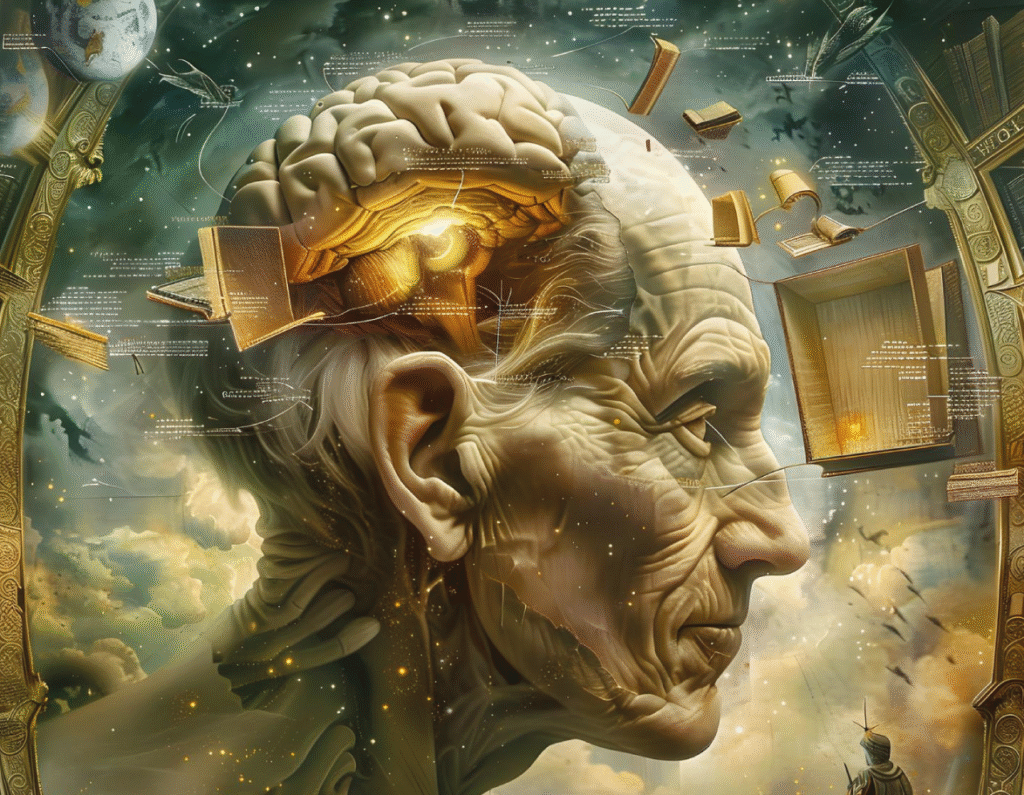 Perfil de un anciano rodeado de libros que vuelan y al que se le ve el interior de su cerebro.