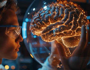 Científica observa la estructura de un cerebro dentro de un contenedor acristalado.