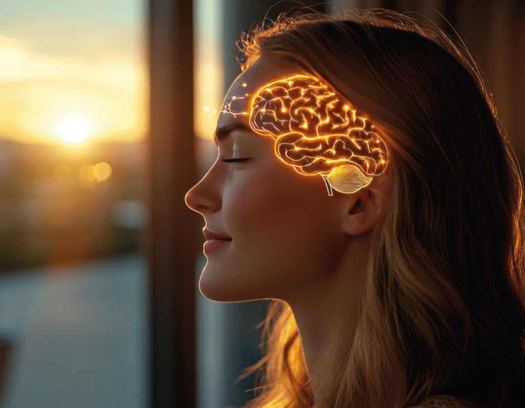 Mujer en actitud tranquila y reflexiva a la cual se le proyecta de forma sobreexpuesta un cerebro virtual.