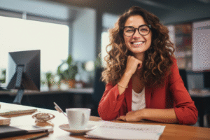 Mujer joven de aspecto profesional sonríe a la cámara mientas está sentada frente a una mesa de oficina.