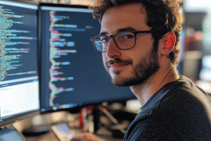 Programador de software con gafas y barba sentado al frente de unas pantallas donde se observa código en lenguaje de programación.