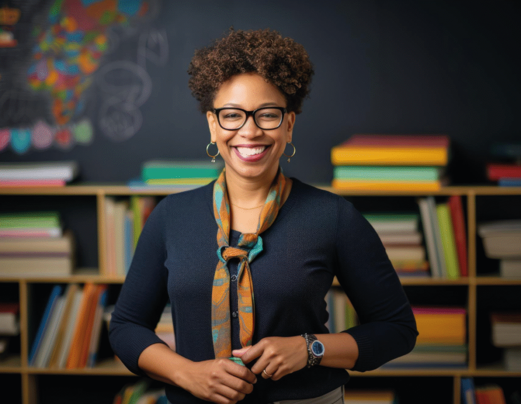 Mujer sonriente y de apariencia profesional en un ambiente educativo.