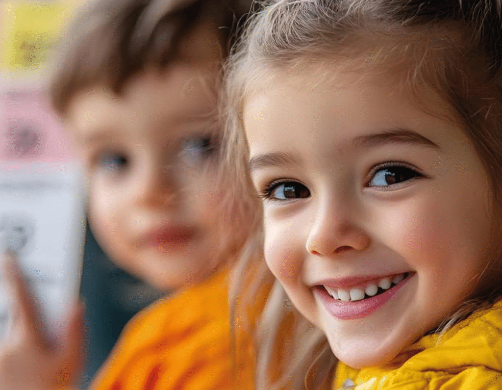 Fotografía del rostro de un niño y una niña vestidos de color amarilla. La niña está enfocada en el primer plano, el niño aparece en segundo plano y desenfocado.