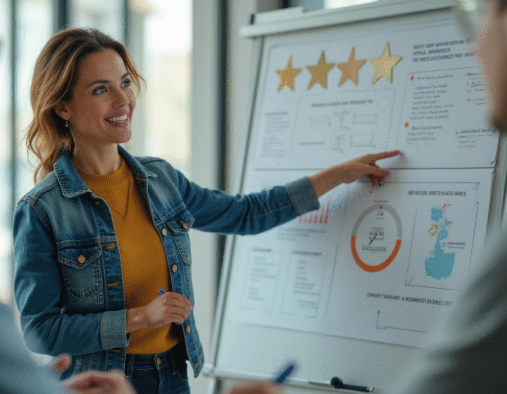 Mujer sonríe mientras señala una información que reposa, junto con reportes y gráficos estadístico, sobre una pizarra de acrílico.