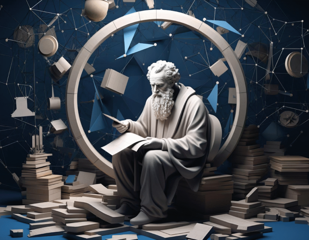 Escultura de un filosósofo griego clásica en una habitación azul repleta de libros.