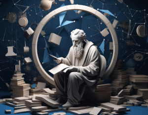 Escultura de un filosósofo griego clásica en una habitación azul repleta de libros.