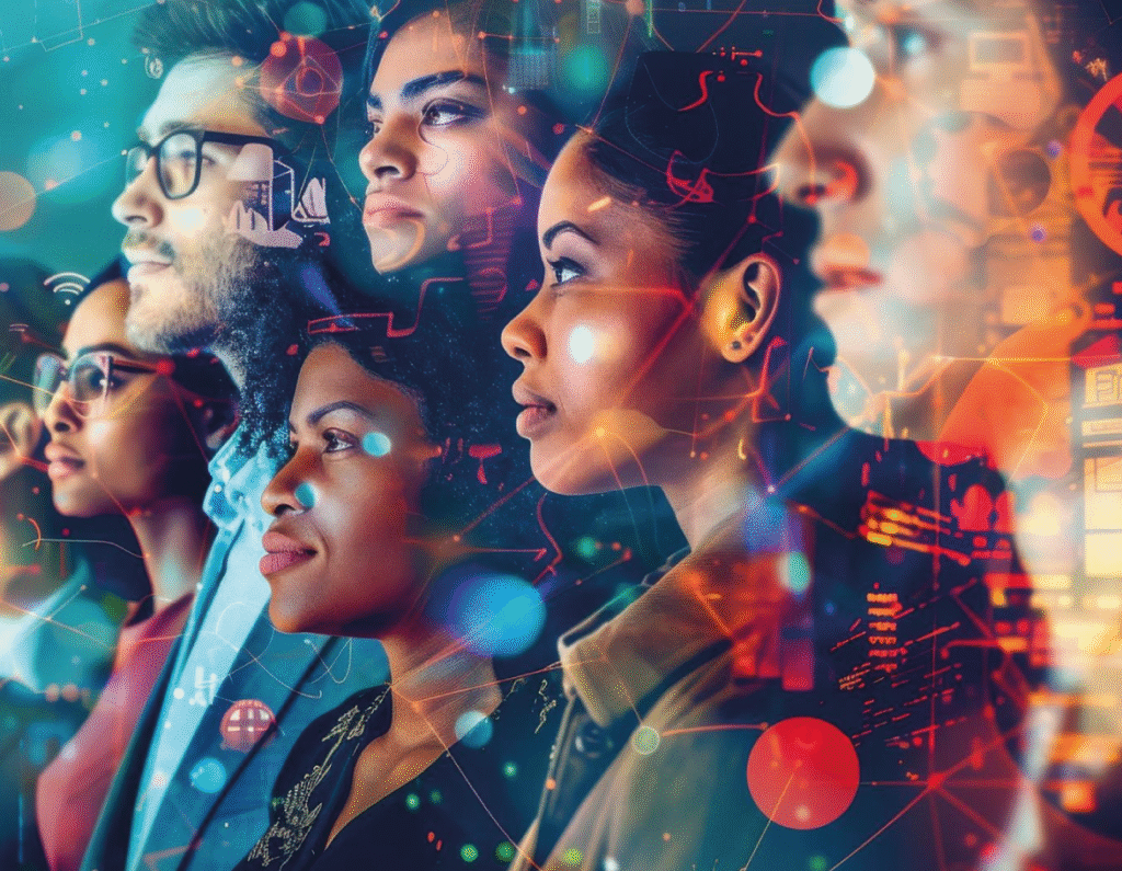 Grupo de personas viendo de lado a los cuales se superpornen imágenes de colores.