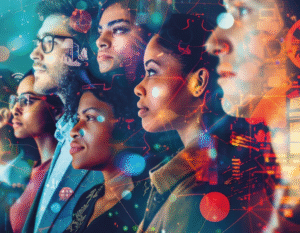 Grupo de personas viendo de lado a los cuales se superpornen imágenes de colores.