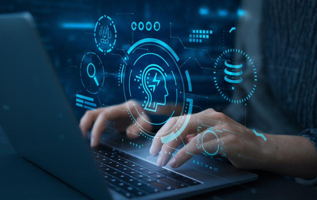 Persona con un lapto y hologramas de IA