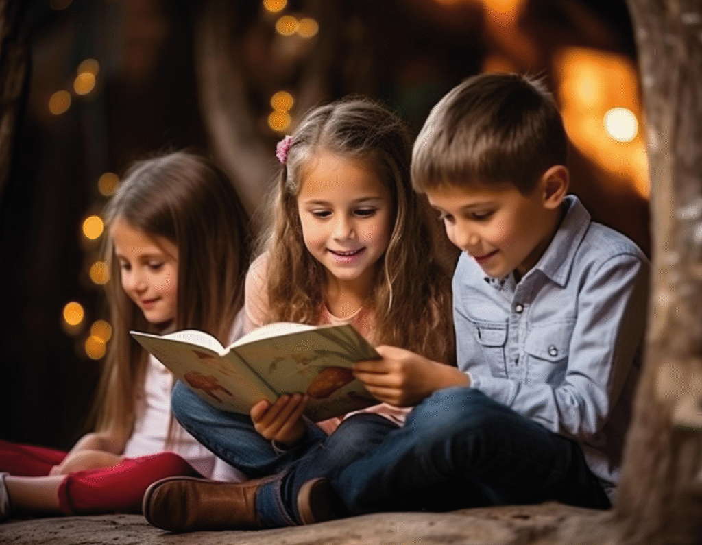 Dos niñas y un niño al lado de un árbol. El niño y una de las niñas sostienen un libro el cual leen.