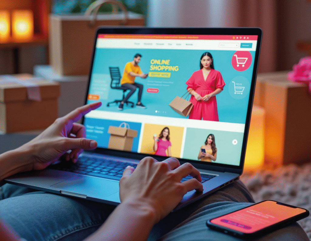 Manos de persona sobre teclado de computador portatil que proyecta en su pantalla una tienda en línea.