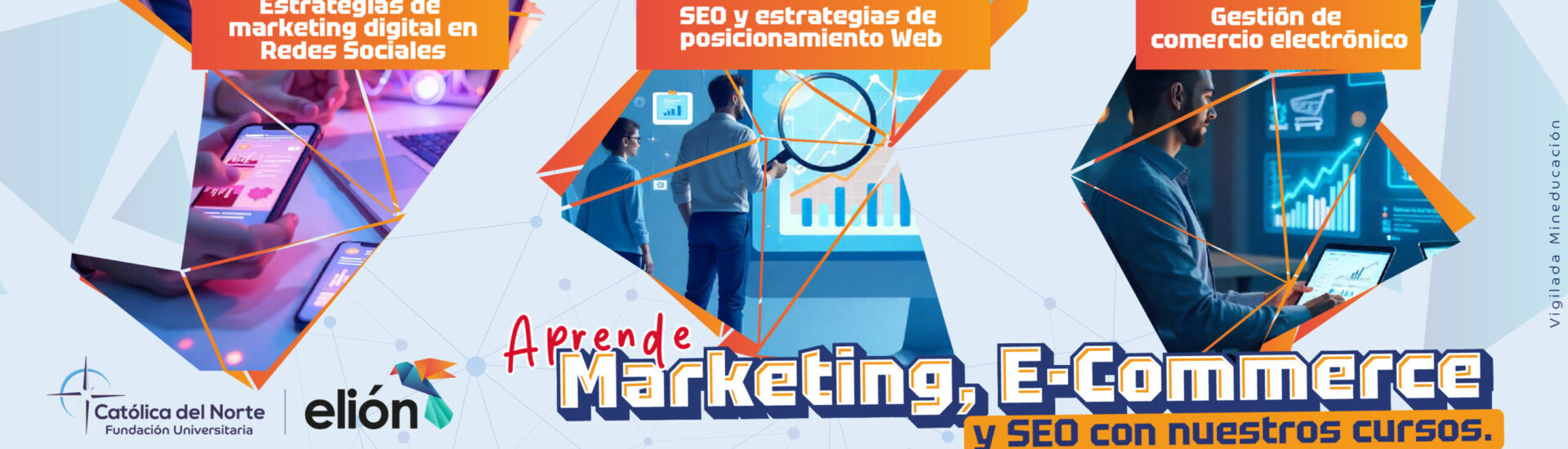 Banner informativo sobre cursos de marketing digital, e-commerce y SEO de la Fundación Universitaria Católica del Norte